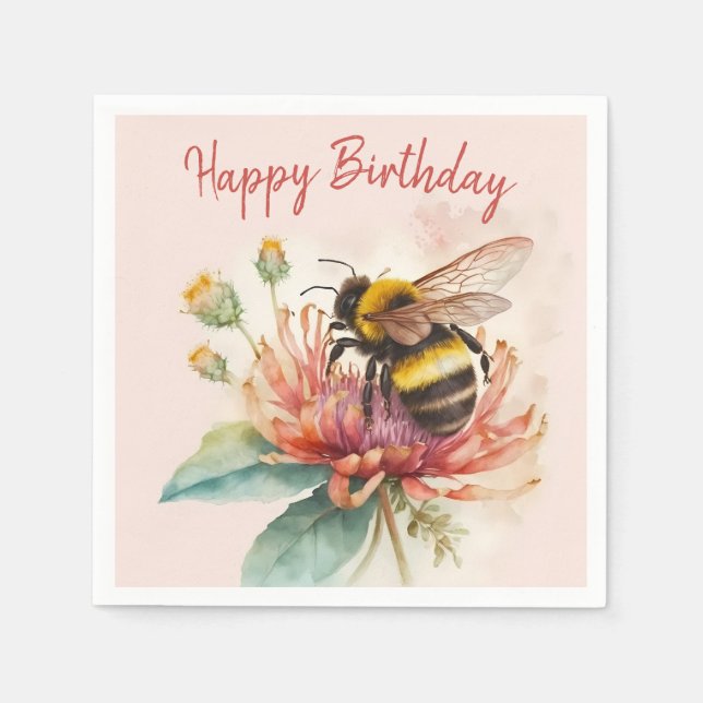 Summer Vibes Watercolor Bumblebee Happy Birthday Napkin (Front)