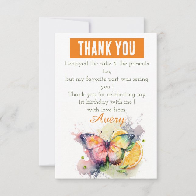 Summer Vibes Watercolor Butterfly - Birthday  Thank You Card (Front)