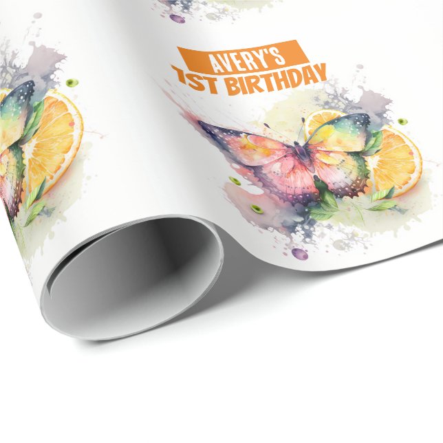 Summer Vibes Watercolor Butterfly Birthday Wrapping Paper (Roll Corner)