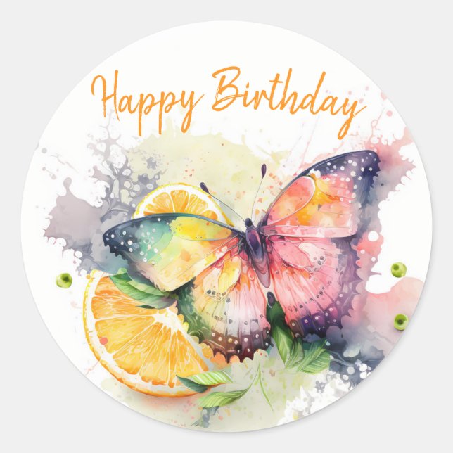 Summer Vibes Watercolor Butterfly - Happy Birthday Classic Round Sticker (Front)