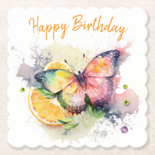 Summer Vibes Watercolor Butterfly - Happy Birthday Paper Coaster