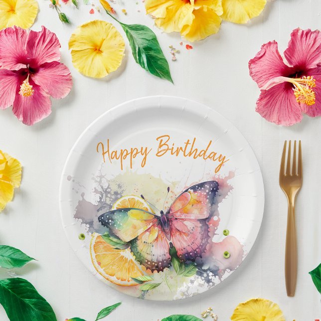 Summer Vibes Watercolor Butterfly - Happy Birthday Paper Plate (Creator Uploaded)
