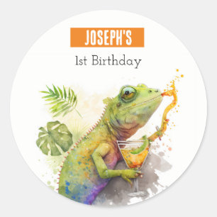 Summer vibes Watercolor Chameleon First Birthday Classic Round Sticker