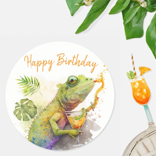 Summer Vibes Watercolor Chameleon - Happy Birthday Classic Round Sticker (Creator Uploaded)