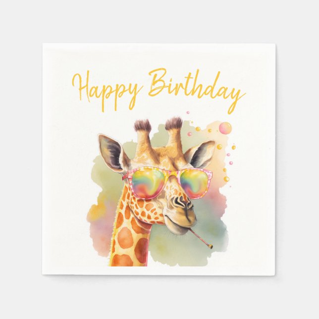 Summer Vibes Watercolor Giraffe - Happy Birthday Napkin (Front)