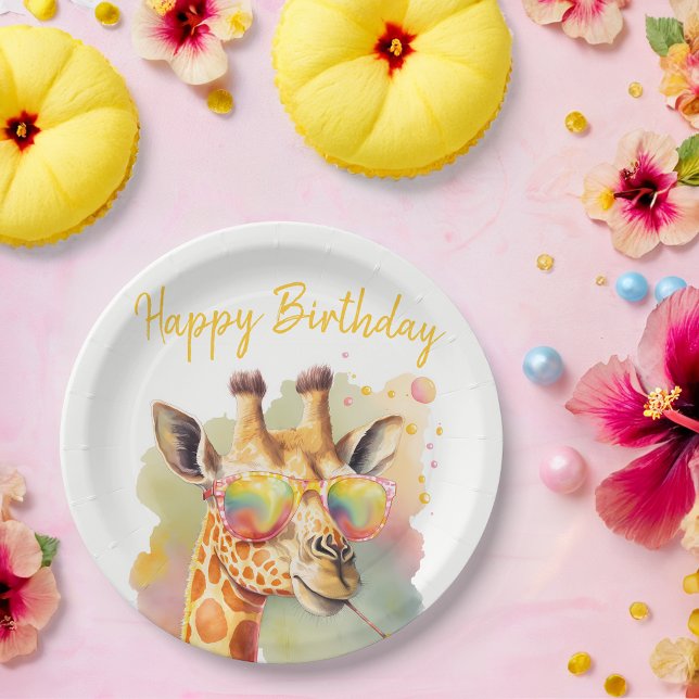 Summer Vibes Watercolor Giraffe - Happy Birthday Paper Plate (Creator Uploaded)