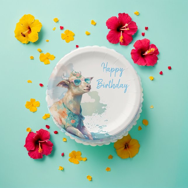 Summer Vibes Watercolor Goat - Happy Birthday Paper Plate (Creator Uploaded)