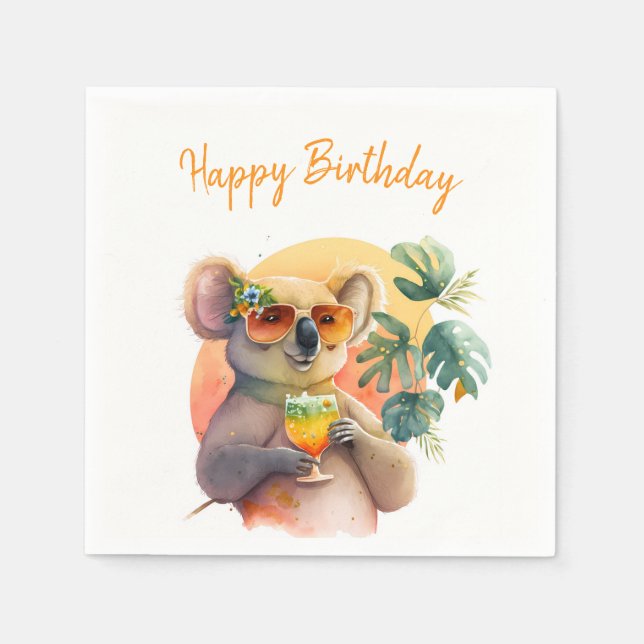 Summer Vibes Watercolor Koala -  Happy Birthday  Napkin (Front)