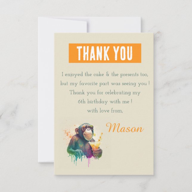 Summer Vibes Watercolor Monkey - Birthday  Thank You Card (Front)