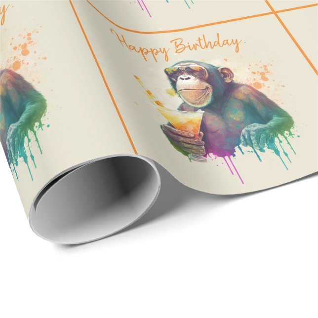Summer Vibes Watercolor Monkey - Happy Birthday Wrapping Paper (Roll Corner)