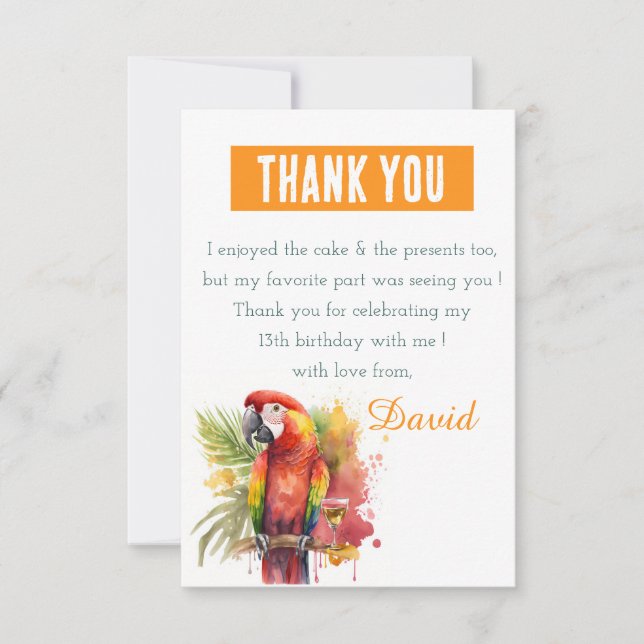 Summer Vibes Watercolor Parrot - Birthday  Thank You Card (Front)