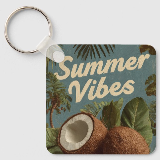 "Summer Vibes" with Coconuts and Tropical Foliage Key Ring (Front)