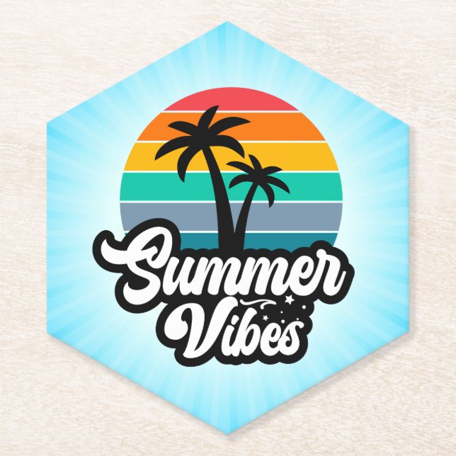 Summer Vibes with Palm Trees Design Paper Coaster (Front)