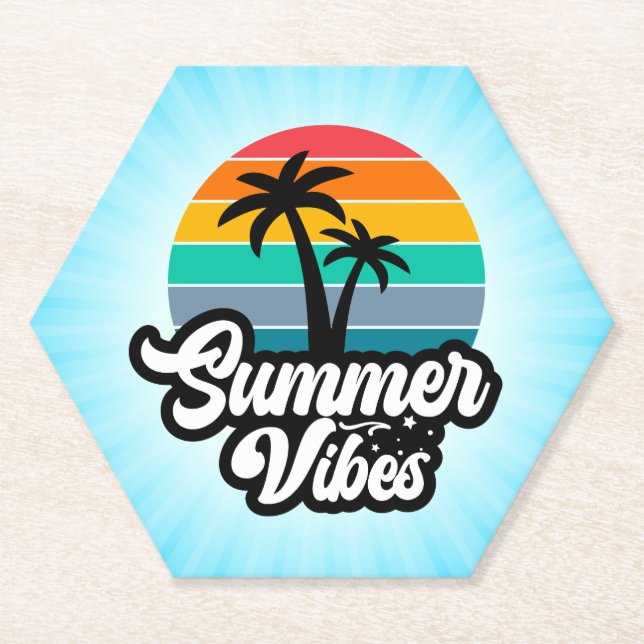 Summer Vibes with Palm Trees Design Paper Coaster (Front)
