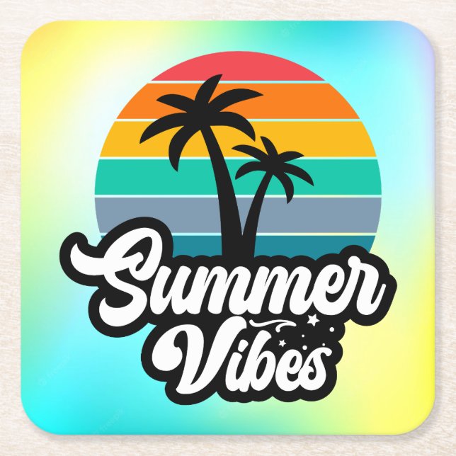 Summer Vibes with Palm Trees Design Square Paper Coaster (Front)