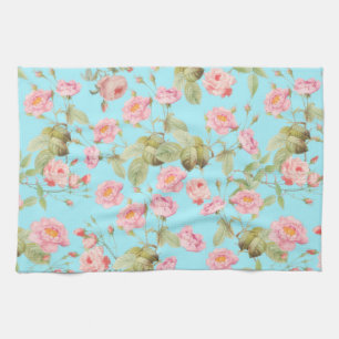 Summer Victorian Vintage Roses Pattern on Teal Tea Towel