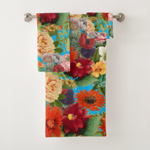 Summer vintage garden happy flowers pattern bath towel set