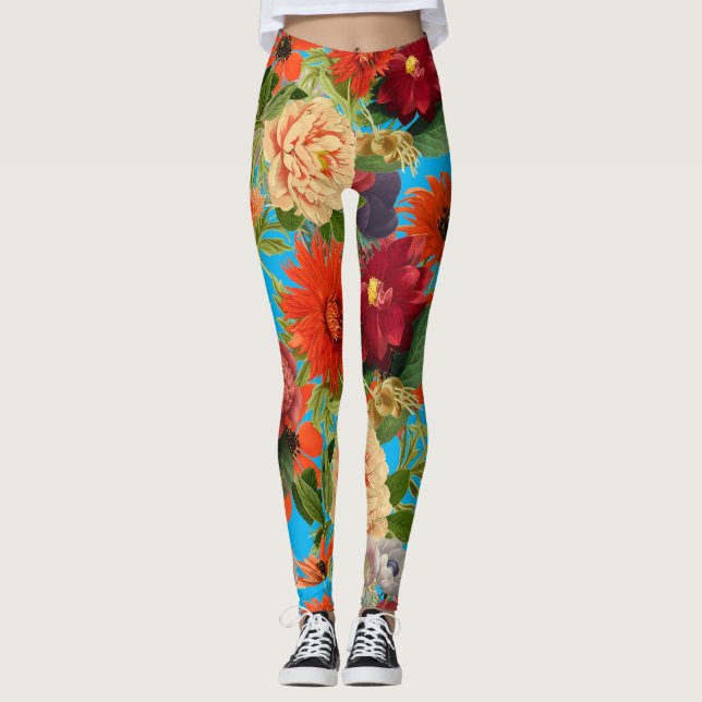 Summer vintage garden happy flowers pattern leggings (Front)