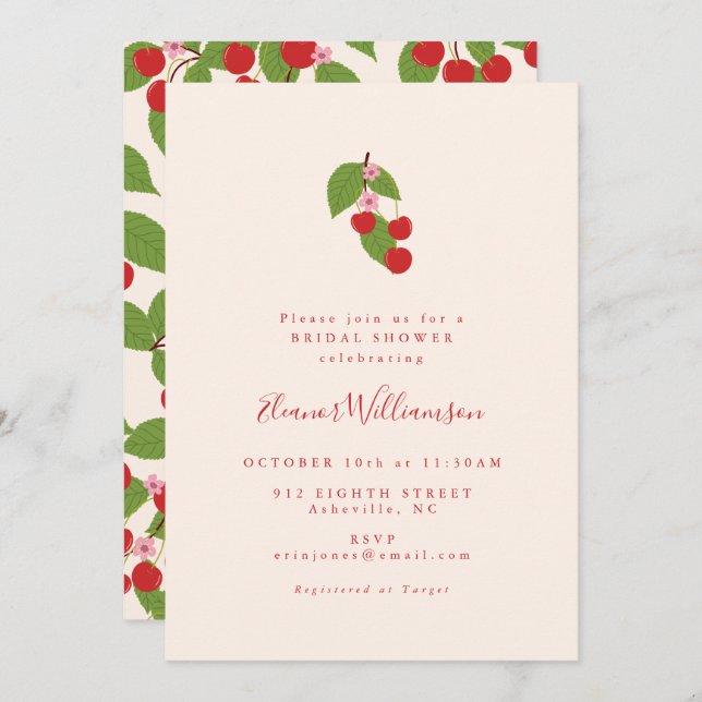 Summer Vintage Red Cherries Boho Bridal Shower Invitation (Front/Back)
