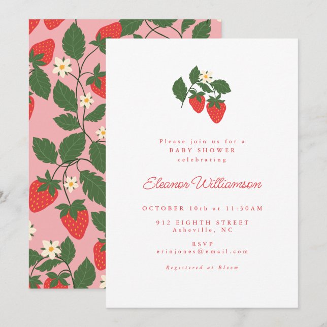 Summer Vintage White Strawberry Boho Baby Shower Invitation (Front/Back)