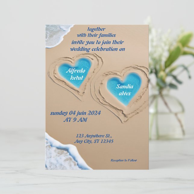 summer watercolor beach ocean blue wedding  invitation (Standing Front)
