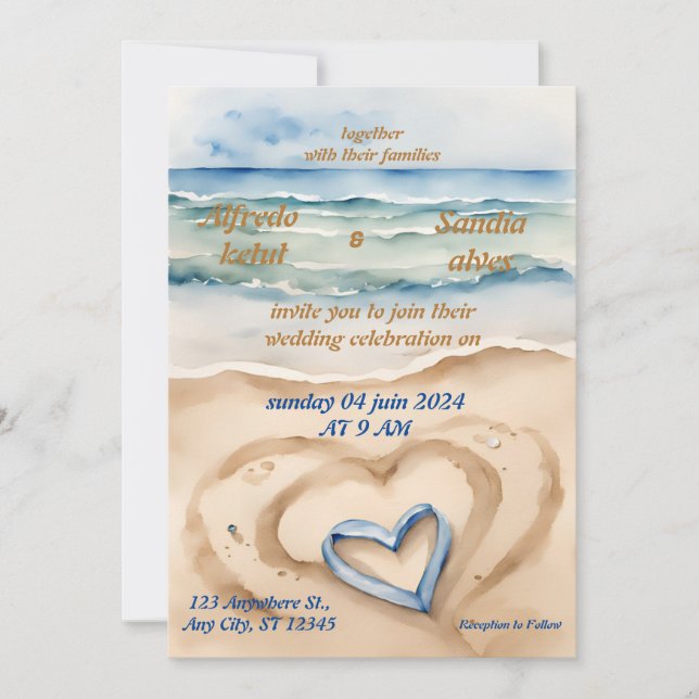 summer watercolor beach ocean blue wedding  invitation (Front)