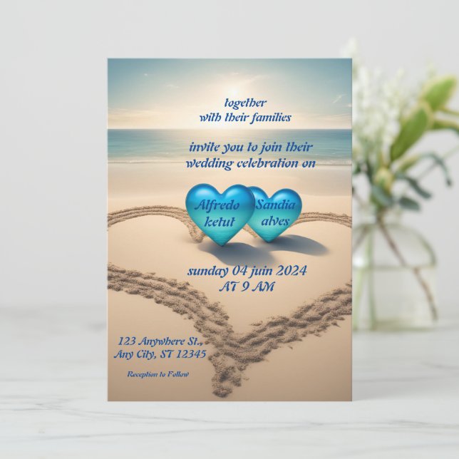 summer watercolor beach ocean blue wedding  invitation (Standing Front)