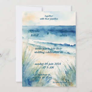 summer watercolor beach ocean blue wedding  invitation