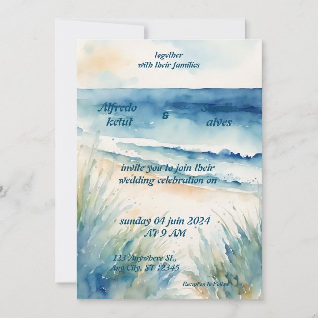 summer watercolor beach ocean blue wedding  invitation (Front)