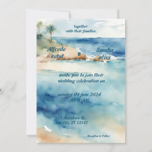 summer watercolor beach ocean blue wedding  invitation