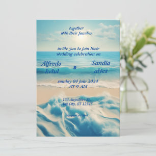 summer watercolor beach ocean blue wedding  invitation