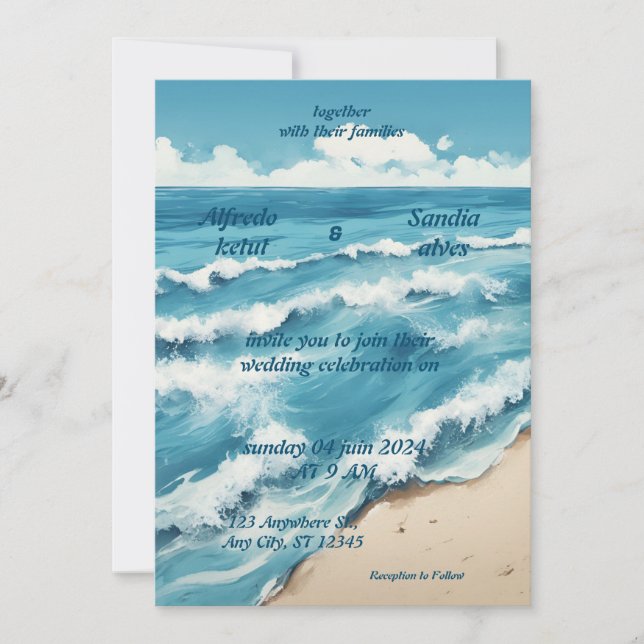summer watercolor beach ocean blue wedding  invitation (Front)