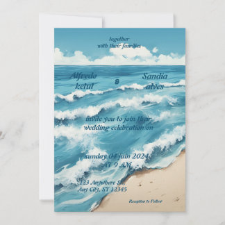 summer watercolor beach ocean blue wedding invitation