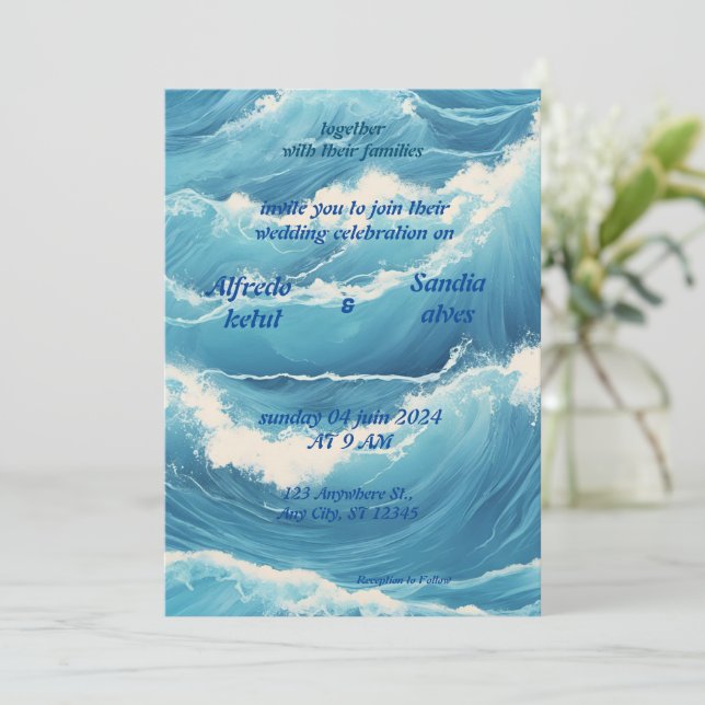 summer watercolor beach ocean blue wedding  invitation (Standing Front)