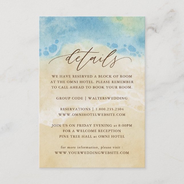 Summer Watercolor Beach Wedding Details Enclosure Card (Front)