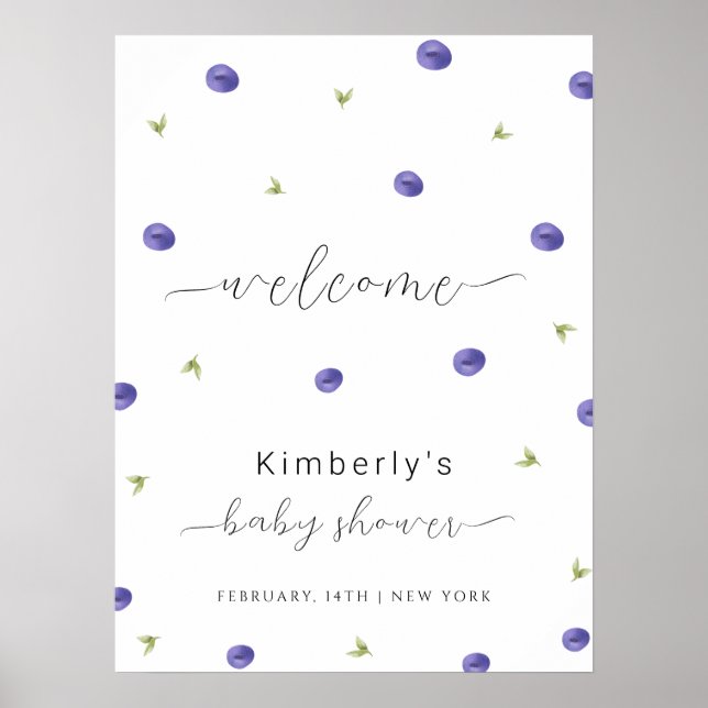 Summer Watercolor Blueberry Baby Shower Welcome Poster (Front)