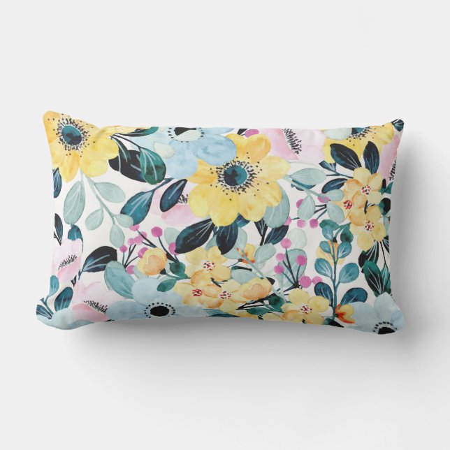 Summer Watercolor Botanical Print Yellow Blue Pink Lumbar Cushion (Front)