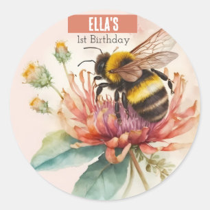 Summer Watercolor Bumblebee  First Birthday  Classic Round Sticker
