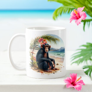Summer Watercolor Chimpanzee on the beach Coffee Mug