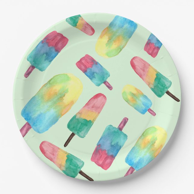 Summer Watercolor Colourful Popsicles Paper Plate (Front)