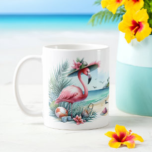 Summer Watercolor Flamingo on the beach  Coffee Mug