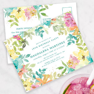 Summer Watercolor Floral 18th Birthday Invitation Postcard