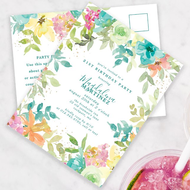 Summer Watercolor Floral 21st Birthday Invitation Postcard (Creator Uploaded)