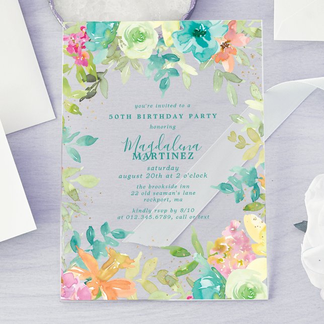 Summer Watercolor Floral 50th Birthday Clear Acrylic Invitations (Creator Uploaded)