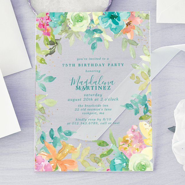 Summer Watercolor Floral 75th Birthday Clear Acrylic Invitations (Creator Uploaded)