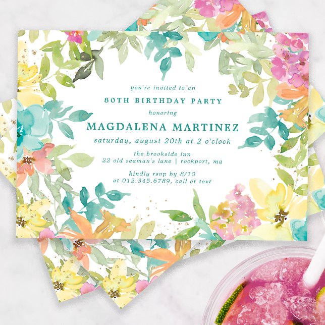 Summer Watercolor Floral 80th Birthday Party Invitation (Creator Uploaded)