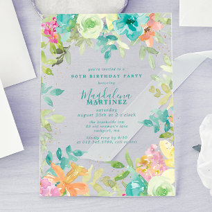 Summer Watercolor Floral 90th Birthday Clear Acrylic Invitations