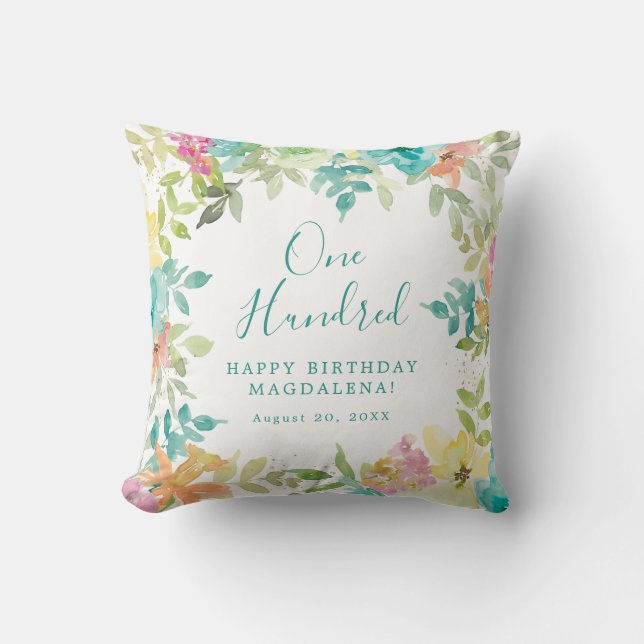 Summer Watercolor Floral Custom 100th Birthday Cushion (Front)