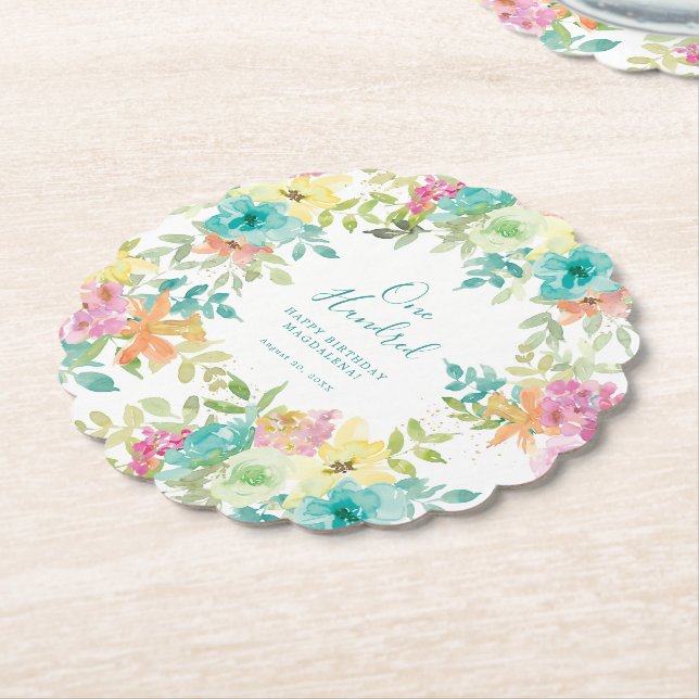 Summer Watercolor Floral Custom 100th Birthday Paper Coaster (Angled)