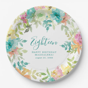 Summer Watercolor Floral Custom 18th Birthday Paper Plate